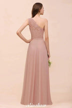 One Shoulder Chiffon Bridesmaid Dress Dusty Pink Wedding Guest Dress for Bride by misshow.com