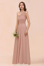 One Shoulder Chiffon Bridesmaid Dress Dusty Pink Wedding Guest Dress for Bride by misshow.com
