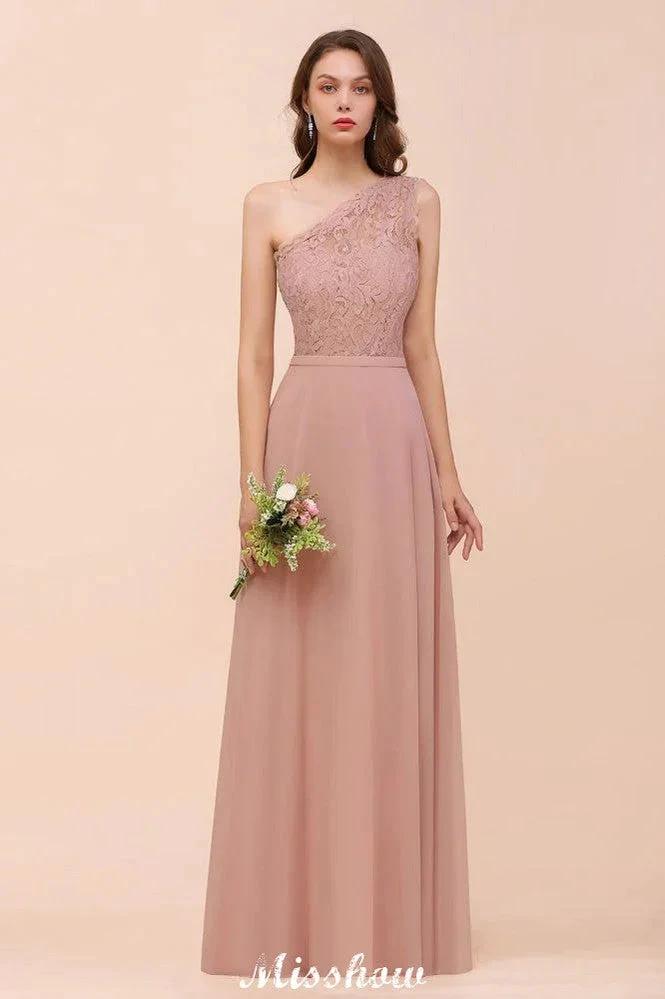 One Shoulder Chiffon Bridesmaid Dress Dusty Pink Wedding Guest Dress for Bride by misshow.com