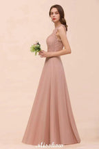 One Shoulder Chiffon Bridesmaid Dress Dusty Pink Wedding Guest Dress for Bride by misshow.com