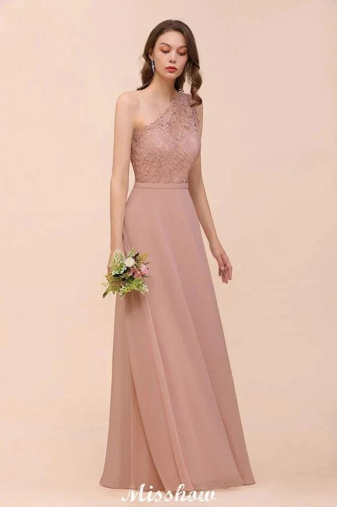 One Shoulder Chiffon Bridesmaid Dress Dusty Pink Wedding Guest Dress for Bride by misshow.com