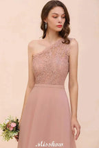 One Shoulder Chiffon Bridesmaid Dress Dusty Pink Wedding Guest Dress for Bride by misshow.com