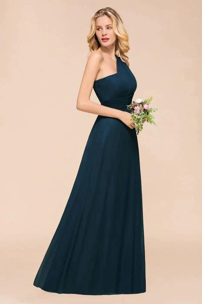 One Shoulder Floor-Length Bridesmaid Dress A-line Chiffon Wedding Party Dresses by misshow.com
