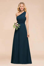 One Shoulder Floor-Length Bridesmaid Dress A-line Chiffon Wedding Party Dresses by misshow.com