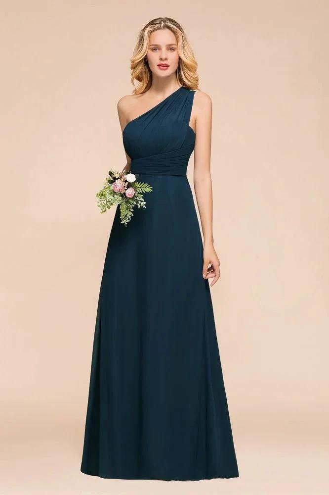 One Shoulder Floor-Length Bridesmaid Dress A-line Chiffon Wedding Party Dresses by misshow.com