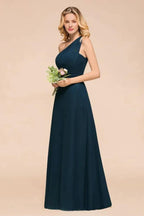 One Shoulder Floor-Length Bridesmaid Dress A-line Chiffon Wedding Party Dresses by misshow.com