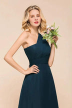 One Shoulder Floor-Length Bridesmaid Dress A-line Chiffon Wedding Party Dresses by misshow.com