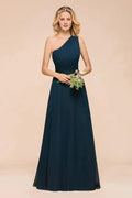 One Shoulder Floor-Length Bridesmaid Dress A-line Chiffon Wedding Party Dresses by misshow.com