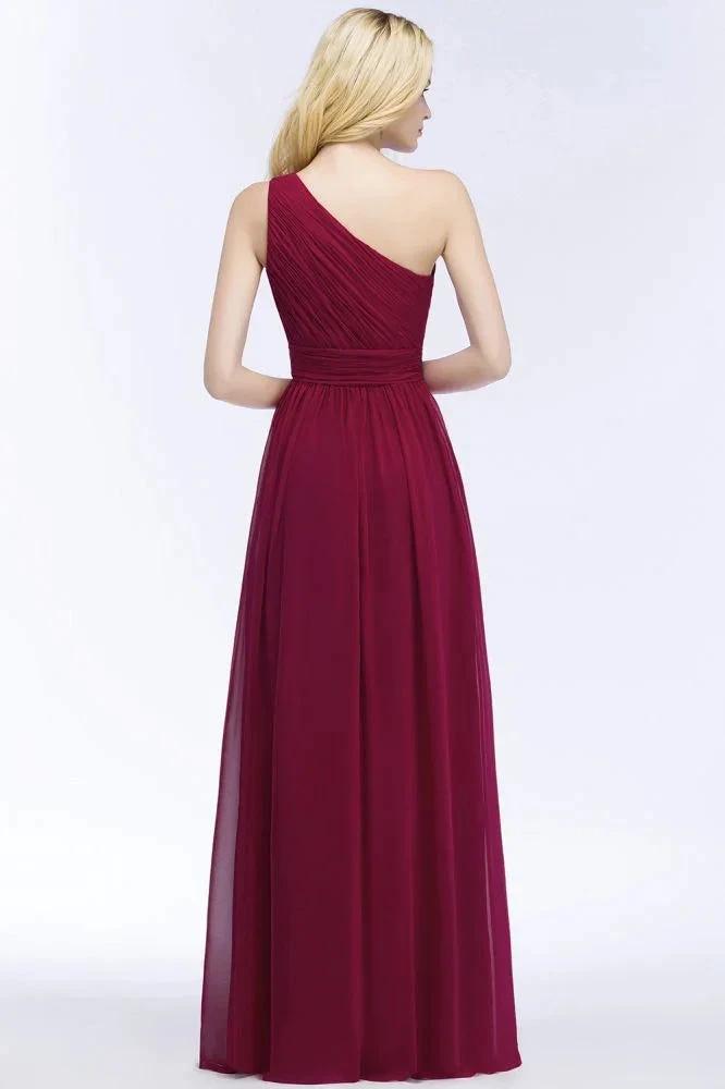 One-shoulder Floor Length Burgundy Ruffled Chiffon A-line Bridesmaid Dresses by misshow.com