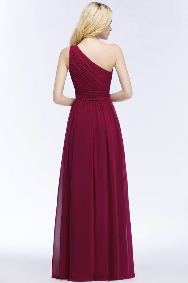 One-shoulder Floor Length Burgundy Ruffled Chiffon A-line Bridesmaid Dresses Main Image