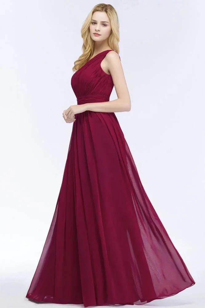 One-shoulder Floor Length Burgundy Ruffled Chiffon A-line Bridesmaid Dresses by misshow.com