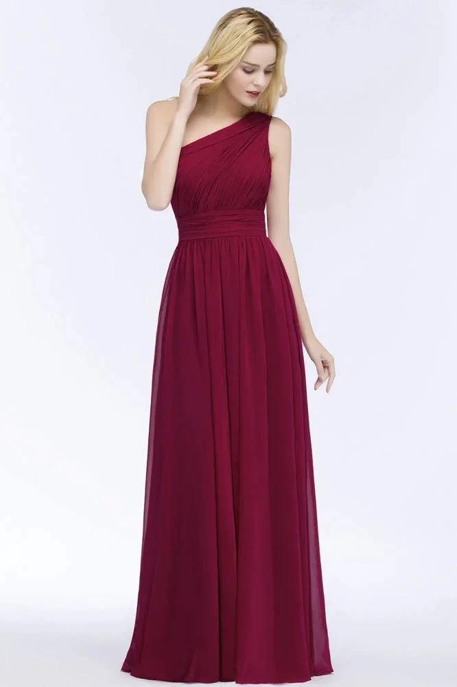 One-shoulder Floor Length Burgundy Ruffled Chiffon A-line Bridesmaid Dresses by misshow.com