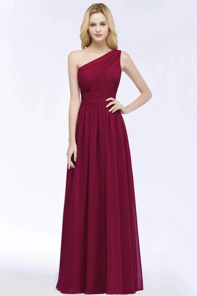 One-shoulder Floor Length Burgundy Ruffled Chiffon A-line Bridesmaid Dresses by misshow.com