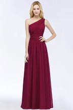 One-shoulder Floor Length Burgundy Ruffled Chiffon A-line Bridesmaid Dresses