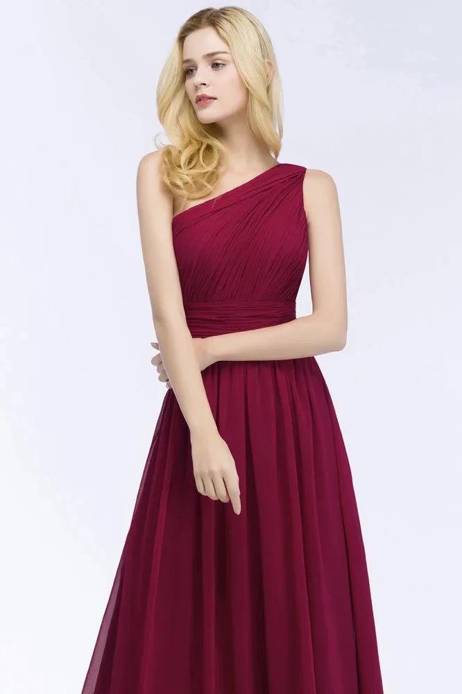 One-shoulder Floor Length Burgundy Ruffled Chiffon A-line Bridesmaid Dresses by misshow.com