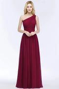 One-shoulder Floor Length Burgundy Ruffled Chiffon A-line Bridesmaid Dresses by misshow.com