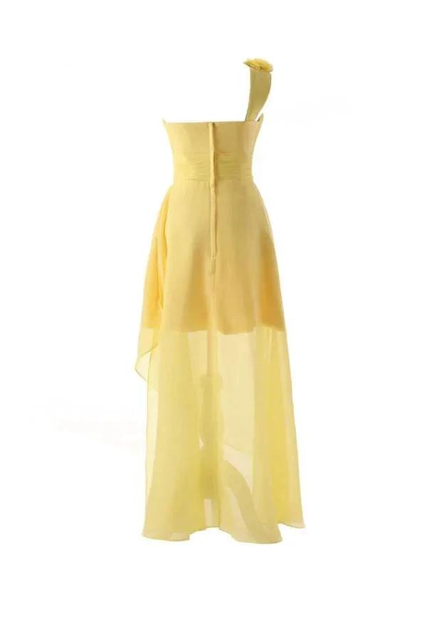 One Shoulder Floor Length Chiffon Yellow Bridesmaid Dress With Flower BD015 by pgmdress