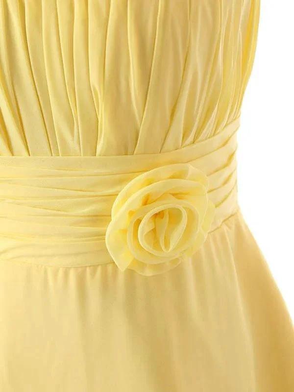 One Shoulder Floor Length Chiffon Yellow Bridesmaid Dress With Flower BD015 by pgmdress