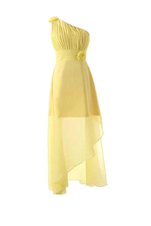 One Shoulder Floor Length Chiffon Yellow Bridesmaid Dress With Flower BD015 by pgmdress