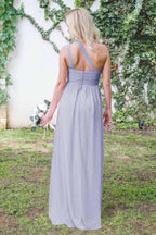 One-Shoulder Floor-Length Open Back Gray Chiffon Bridesmaid Dress BD037 by pgmdress