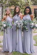 One-Shoulder Floor-Length Open Back Gray Chiffon Bridesmaid Dress BD037 by pgmdress