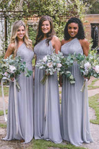 One-Shoulder Floor-Length Open Back Gray Chiffon Bridesmaid Dress BD037 by pgmdress