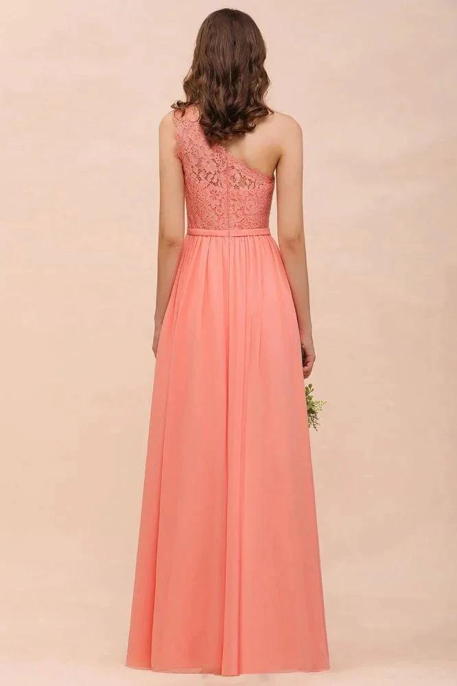 One Shoulder Floral Bridesmaid Dress Side Split Formal Wedding Guest Dress with Pocket by misshow.com