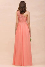 One Shoulder Floral Bridesmaid Dress Side Split Formal Wedding Guest Dress with Pocket by misshow.com