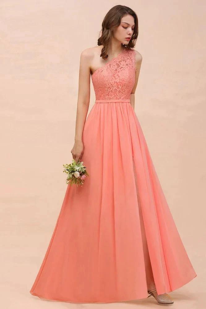 One Shoulder Floral Bridesmaid Dress Side Split Formal Wedding Guest Dress with Pocket by misshow.com