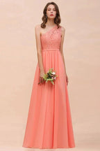 One Shoulder Floral Bridesmaid Dress Side Split Formal Wedding Guest Dress with Pocket by misshow.com