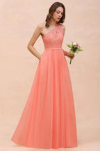 One Shoulder Floral Bridesmaid Dress Side Split Formal Wedding Guest Dress with Pocket by misshow.com