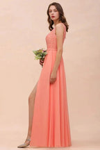 One Shoulder Floral Bridesmaid Dress Side Split Formal Wedding Guest Dress with Pocket by misshow.com