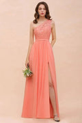 One Shoulder Floral Bridesmaid Dress Side Split Formal Wedding Guest Dress with Pocket by misshow.com