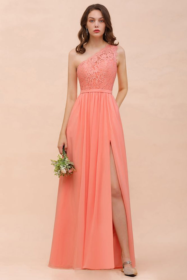 One Shoulder Floral Bridesmaid Dress Side Split Formal Wedding Guest Dress with Pocket Hover Image