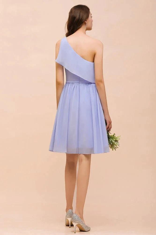 One Shoulder Lavender Mini Bridesmaid Dress Chiffon Knee Length Simple Daily Dress by misshow.com