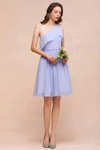 One Shoulder Lavender Mini Bridesmaid Dress Chiffon Knee Length Simple Daily Dress by misshow.com