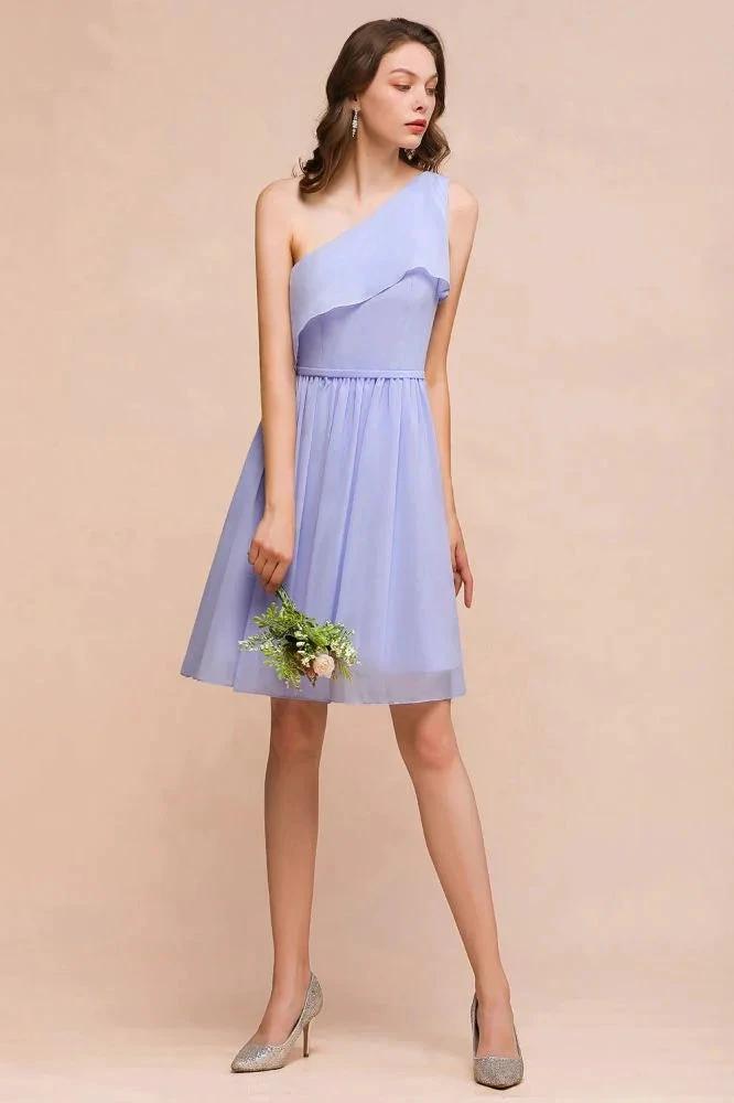 One Shoulder Lavender Mini Bridesmaid Dress Chiffon Knee Length Simple Daily Dress by misshow.com