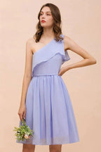 One Shoulder Lavender Mini Bridesmaid Dress Chiffon Knee Length Simple Daily Dress by misshow.com
