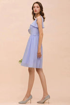 One Shoulder Lavender Mini Bridesmaid Dress Chiffon Knee Length Simple Daily Dress by misshow.com