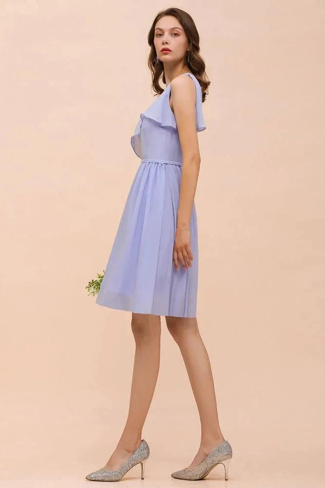 One Shoulder Lavender Mini Bridesmaid Dress Chiffon Knee Length Simple Daily Dress by misshow.com
