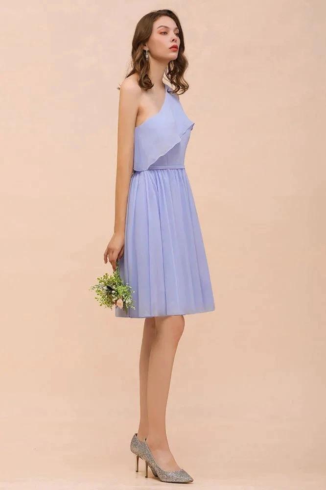 One Shoulder Lavender Mini Bridesmaid Dress Chiffon Knee Length Simple Daily Dress by misshow.com