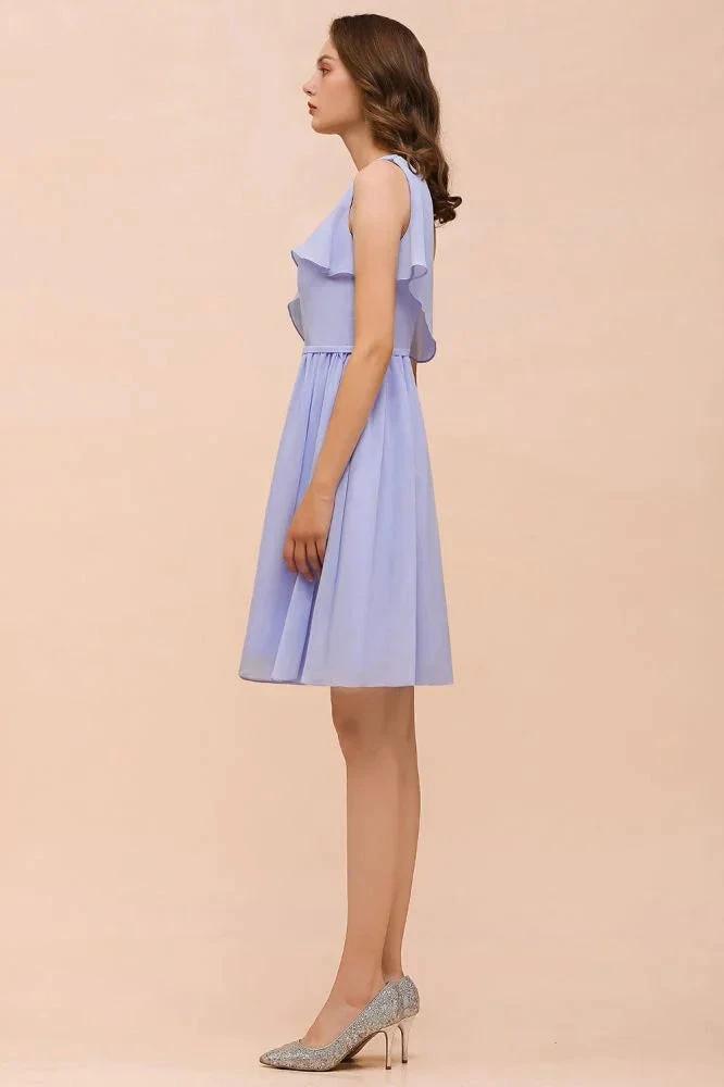 One Shoulder Lavender Mini Bridesmaid Dress Chiffon Knee Length Simple Daily Dress by misshow.com