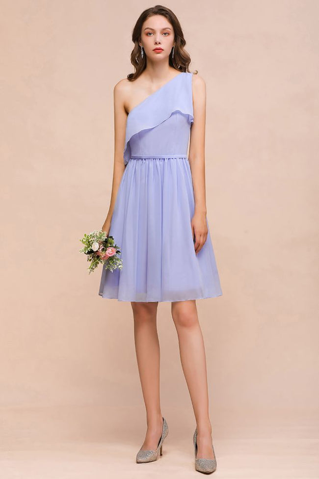 One Shoulder Lavender Mini Bridesmaid Dress Chiffon Knee Length Simple Daily Dress Hover Image
