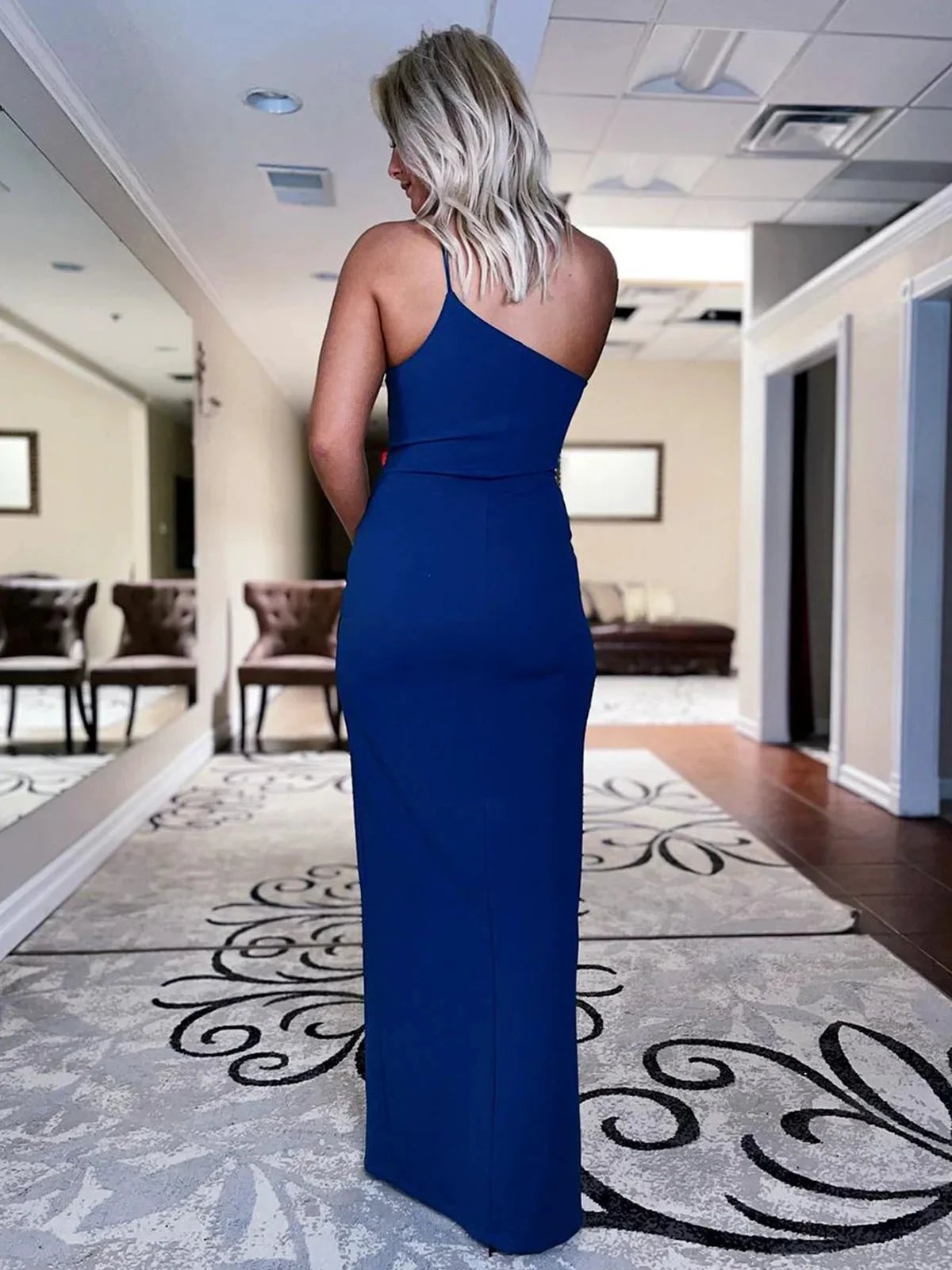 One Shoulder Long Prom Royal Blue Backless Dress with Slit by KissProm