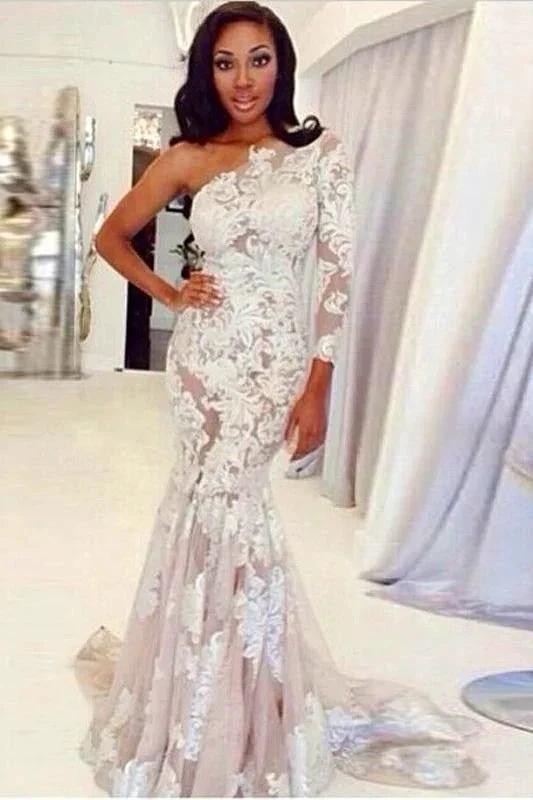 One Shoulder Long Sleeve Tulle Lace Pretty Mermaid Elegant Wedding Dresses by misshow.com