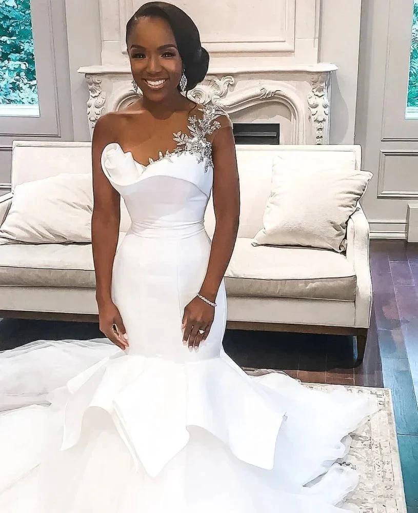 One shoulder Mermaid Bridal Wears with Ruffles Train by misshow.com