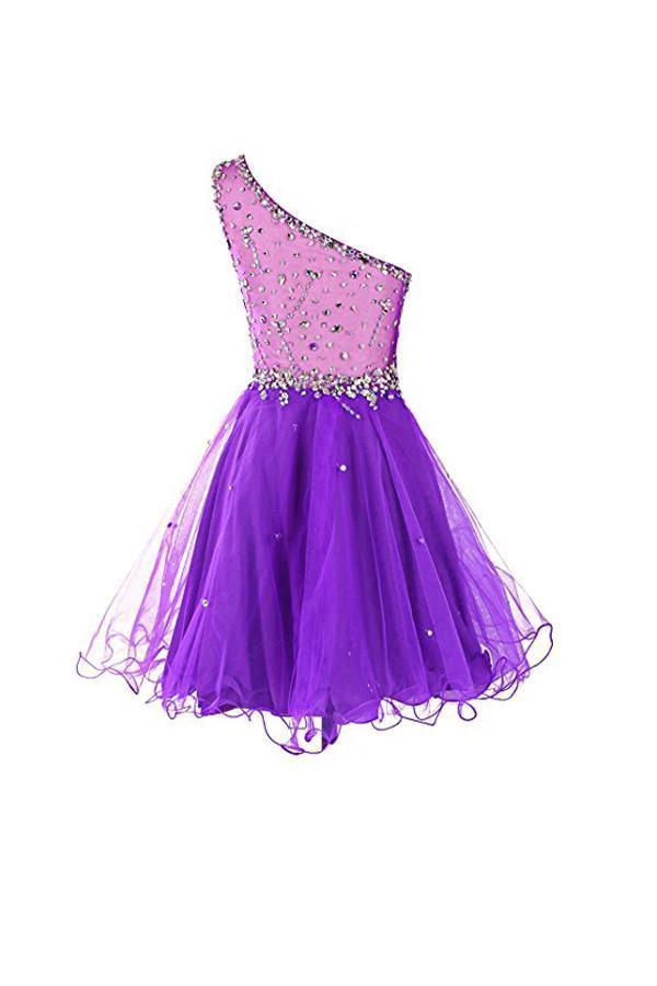 One Shoulder Prom Dresses Tulle Homecoming Dress With Beading PG065 by pgmdress