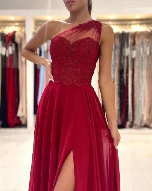 One Shoulder Red Prom Dress Floor Length Sleeveless Maxi Dress with Front Slit by misshow.com