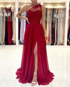 One Shoulder Red Prom Dress Floor Length Sleeveless Maxi Dress with Front Slit by misshow.com