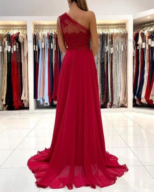 One Shoulder Red Prom Dress Floor Length Sleeveless Maxi Dress with Front Slit by misshow.com